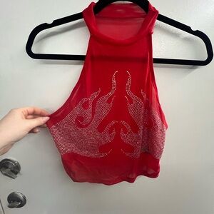 Red Sheer Halter/Mock Neck Top with Rhinestone Flames